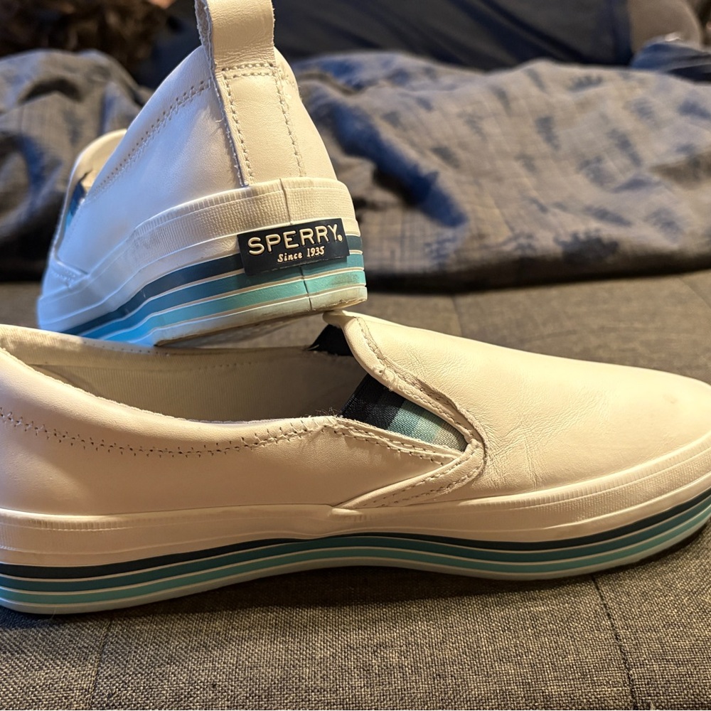 Sperry White Slip-On Shoes with Blue Accents